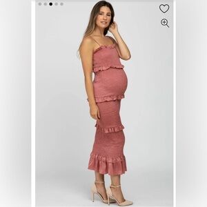Mauve Satin Smocked Fitted Maternity Midi Dress